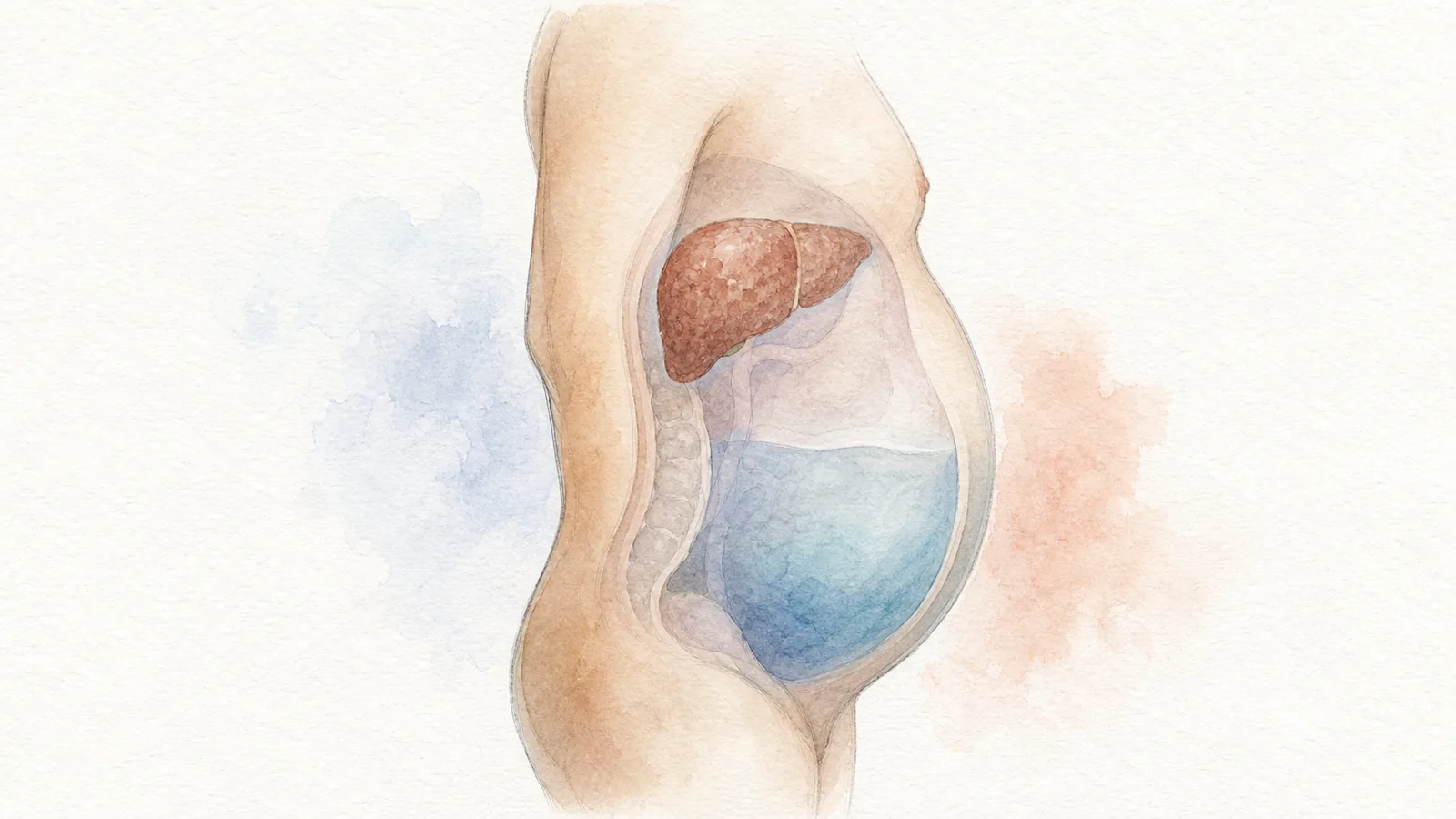 Medical illustration about Ascites: fluid in the abdomen from cirrhosis