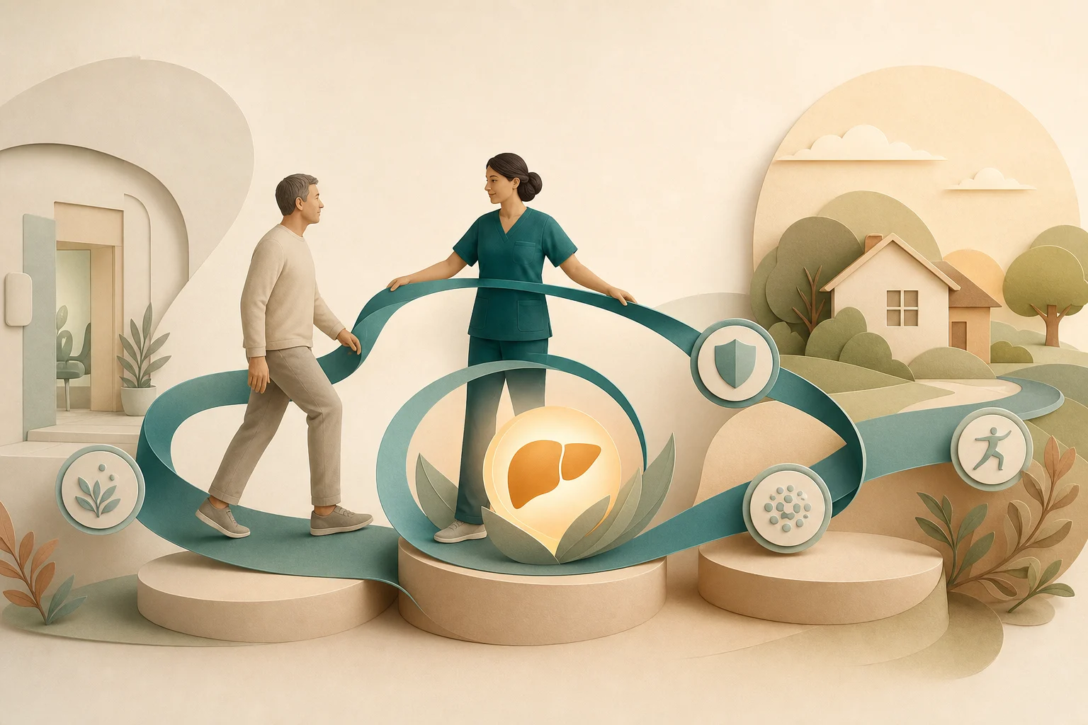 Conceptual illustration of a transplant nurse guiding a patient from hospital toward recovery at home