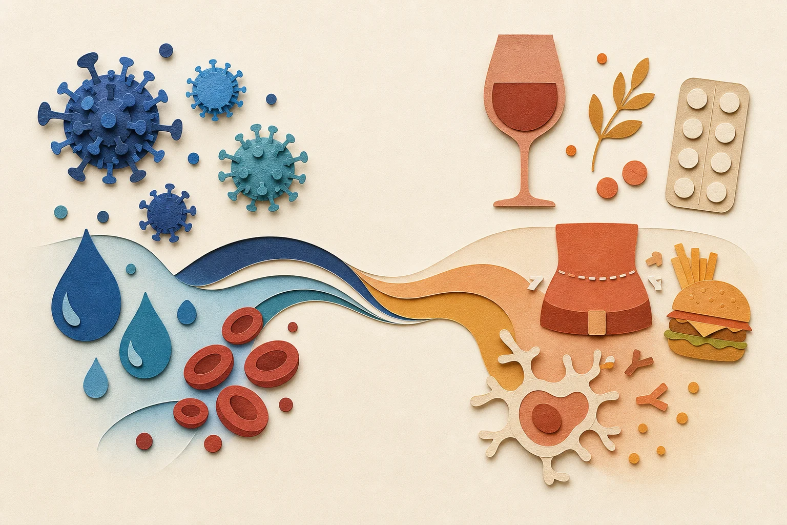 Collage que diferencia las hepatitis virales de causas no virales como alcohol, medicamentos y alteraciones metabólicas